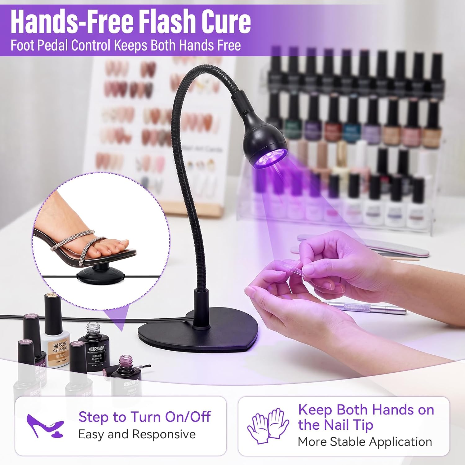 Jebemis 3W flash cure nail lamp with gooseneck and foot pedal - 3