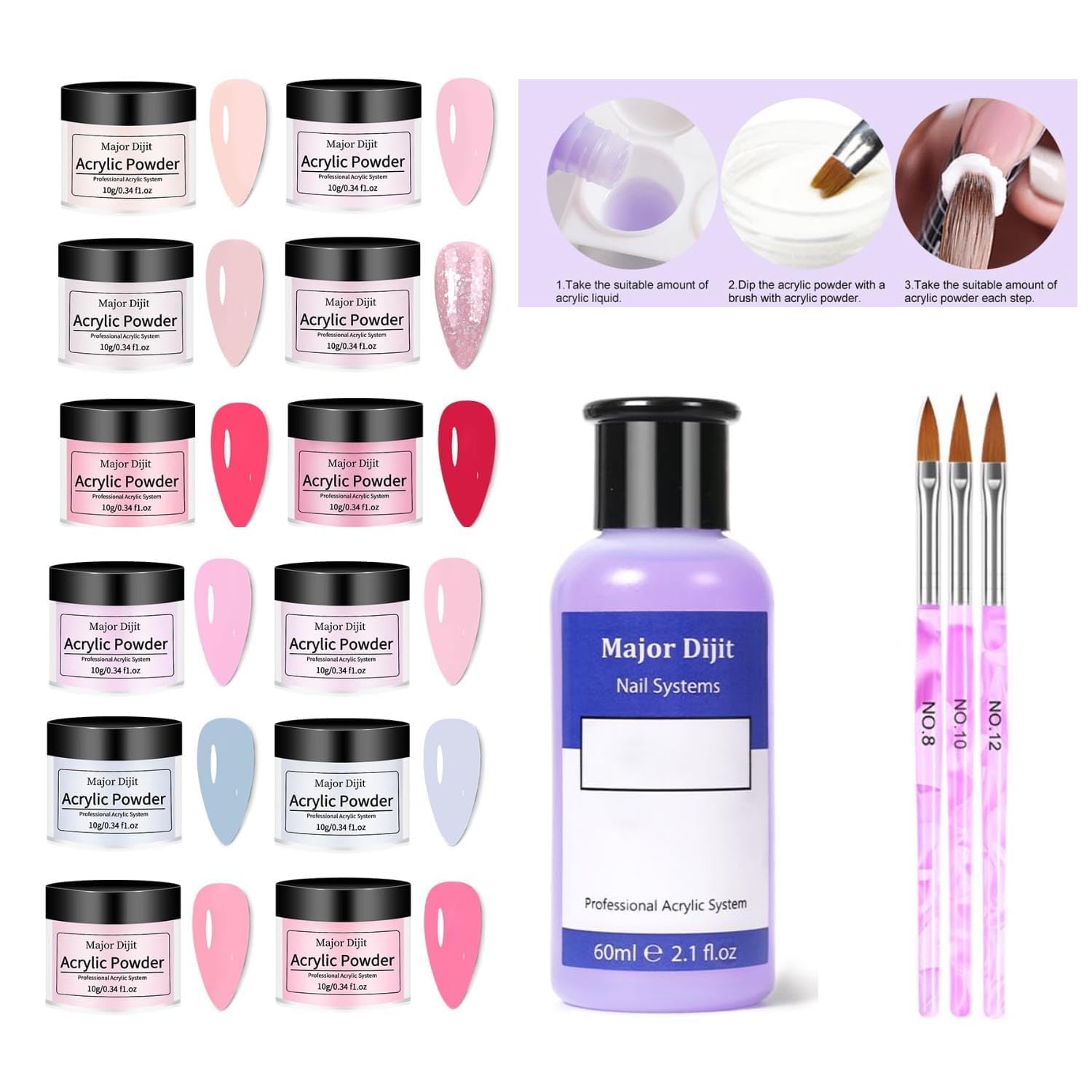 DouborQ acrylic nail kit with electric drill and 12 color powders laid out with brushes, forms, and top/base coats - 2