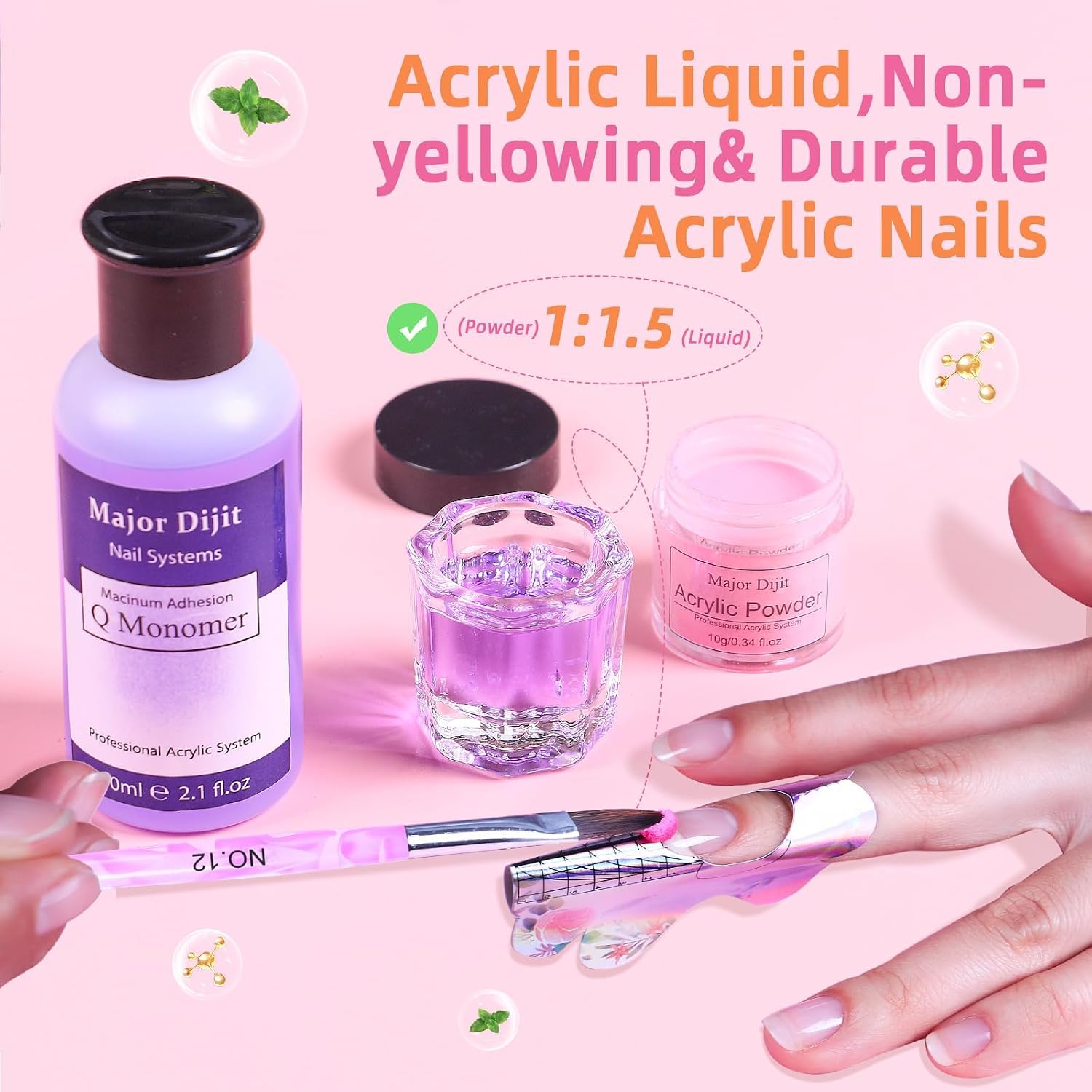 DouborQ acrylic nail kit with electric drill and 12 color powders laid out with brushes, forms, and top/base coats - 3