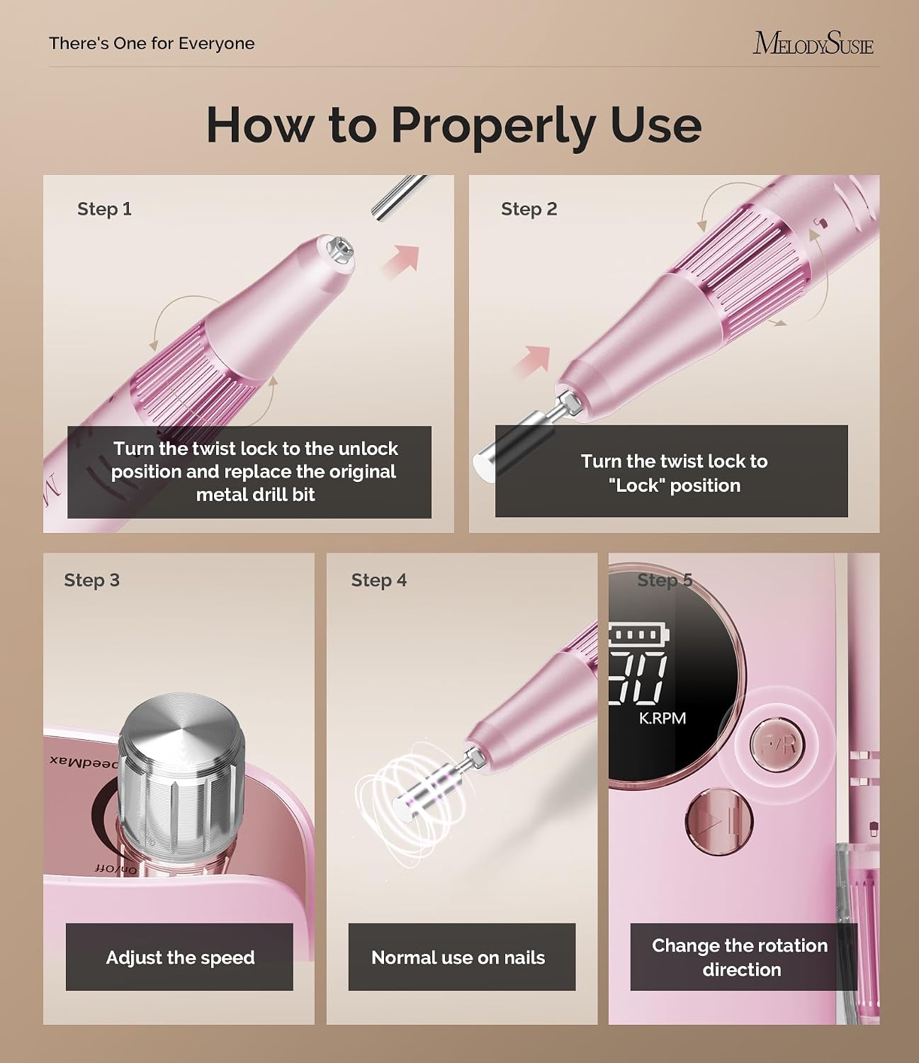 MelodySusie SC320F clip-on rechargeable nail drill pastel pink handheld unit - 4