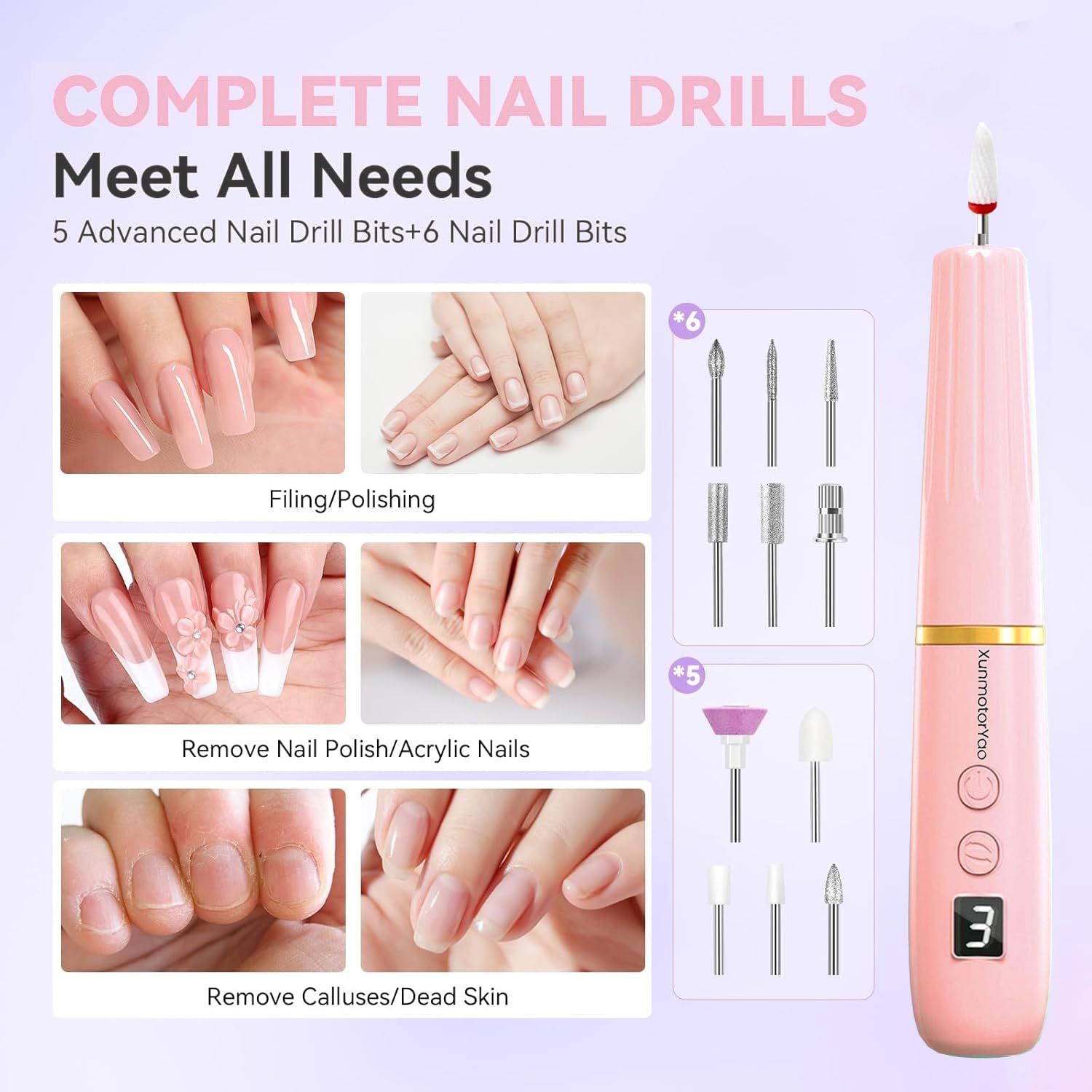 Pink cordless electric nail drill with 12 bits - 3