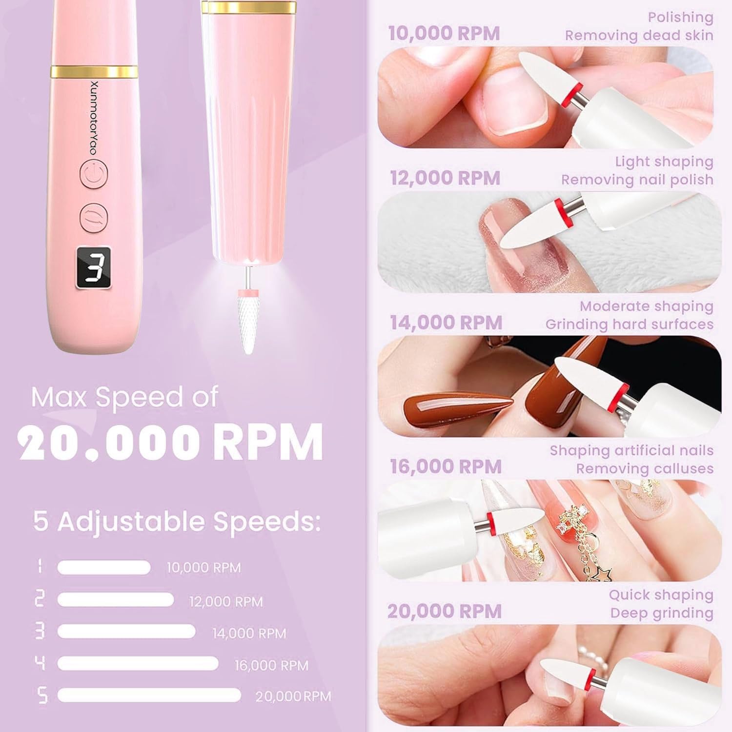 Pink cordless electric nail drill with 12 bits - 4