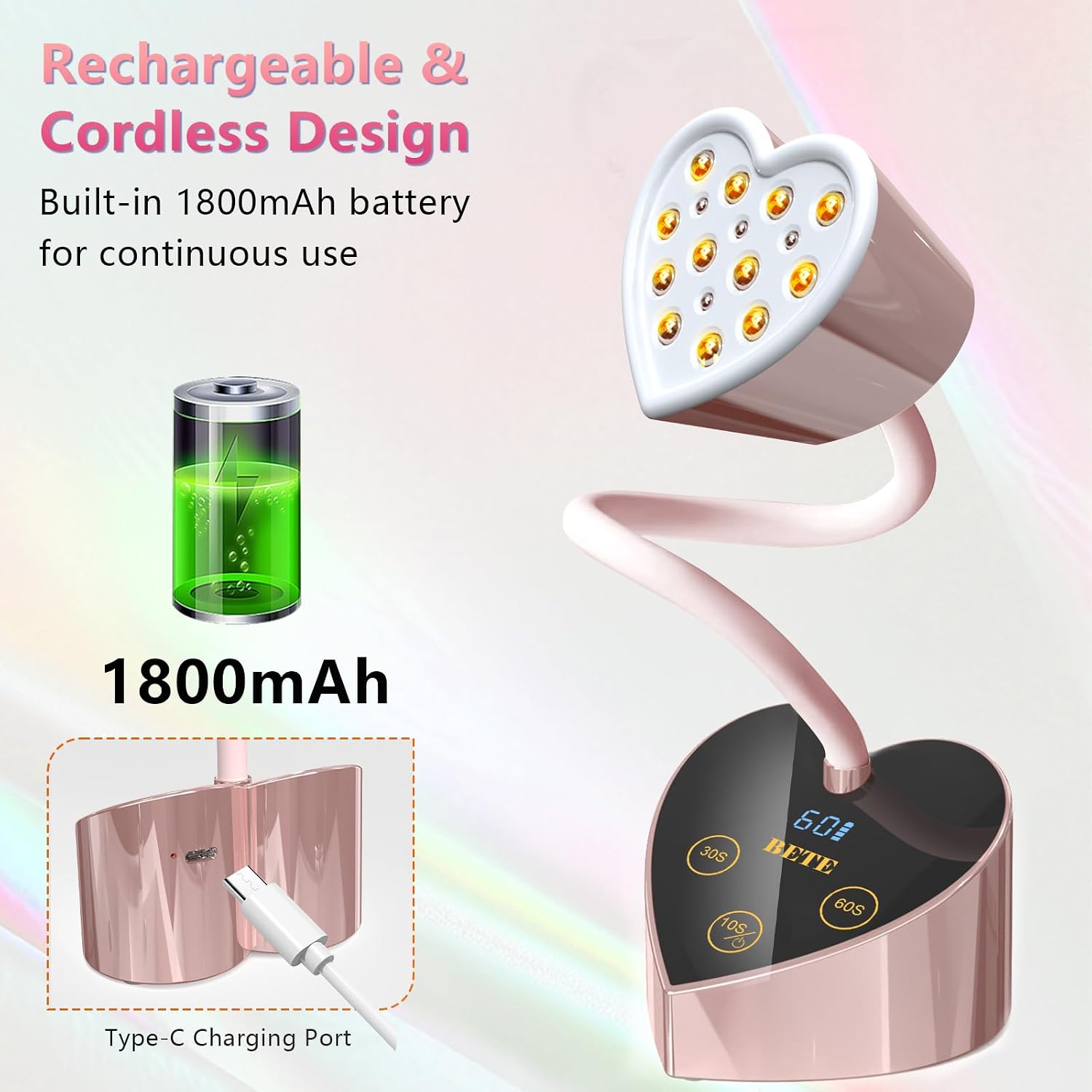 Foldable cordless UV LED nail lamp with heart-shaped design and gooseneck - 4
