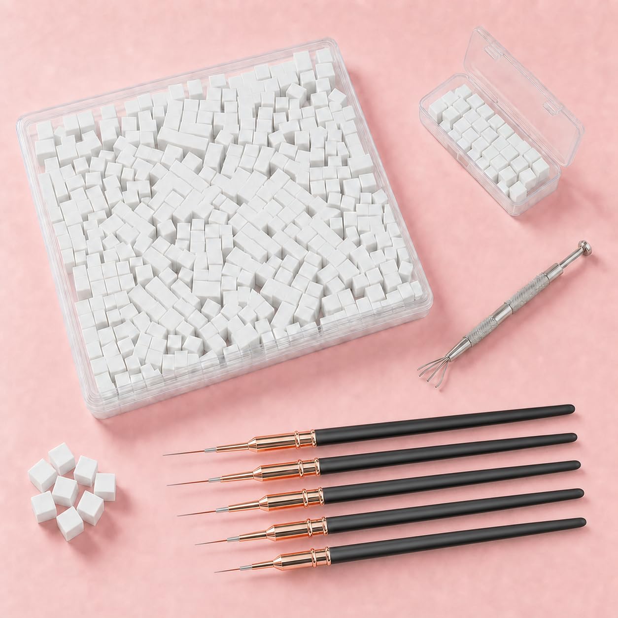 Aodada 400-piece mini disposable nail sponges and five fine liner brushes kit with pick-up tool and storage box - 2