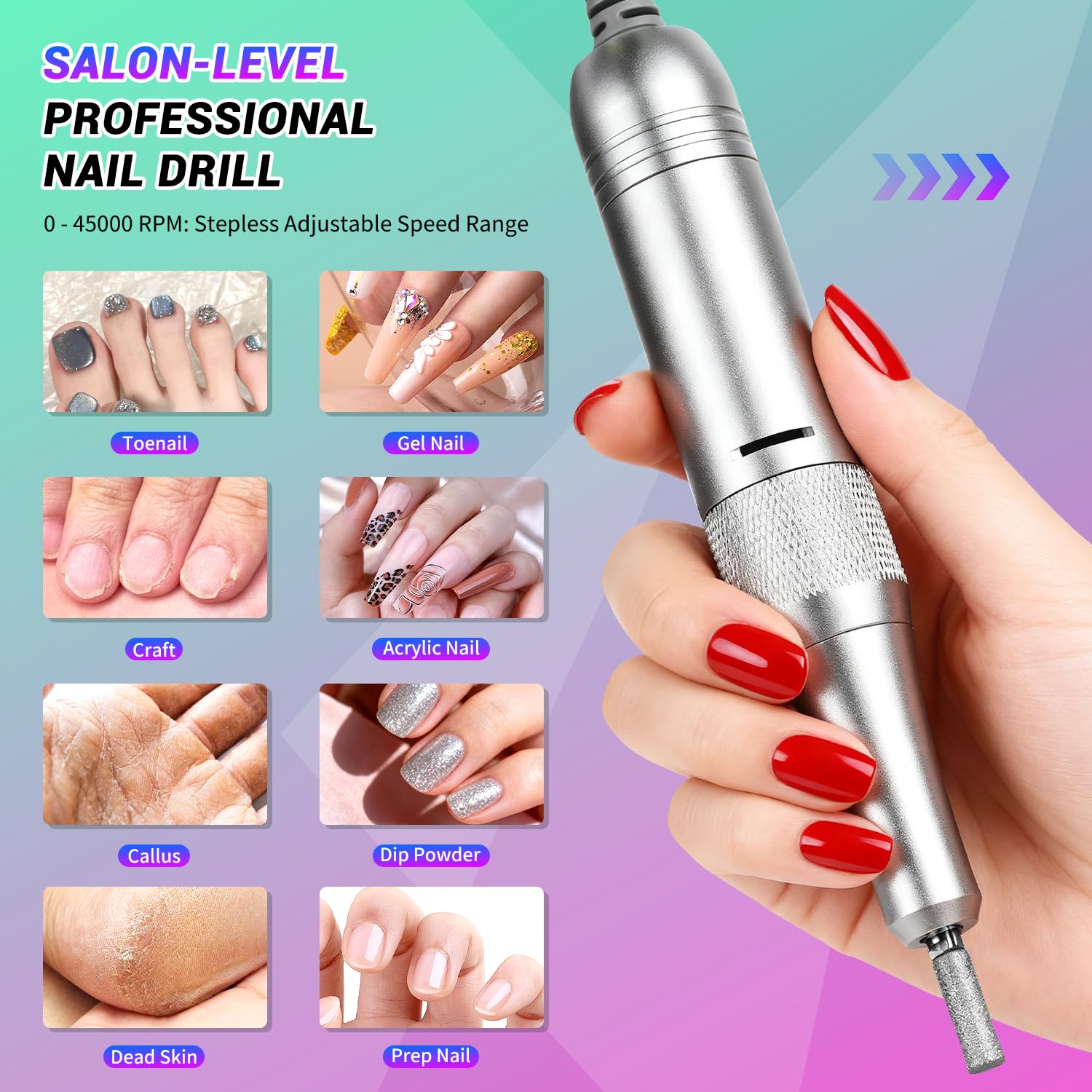 Purple JEWHITENY SG717 portable rechargeable nail drill with handpiece, bits, and sanding bands - 2