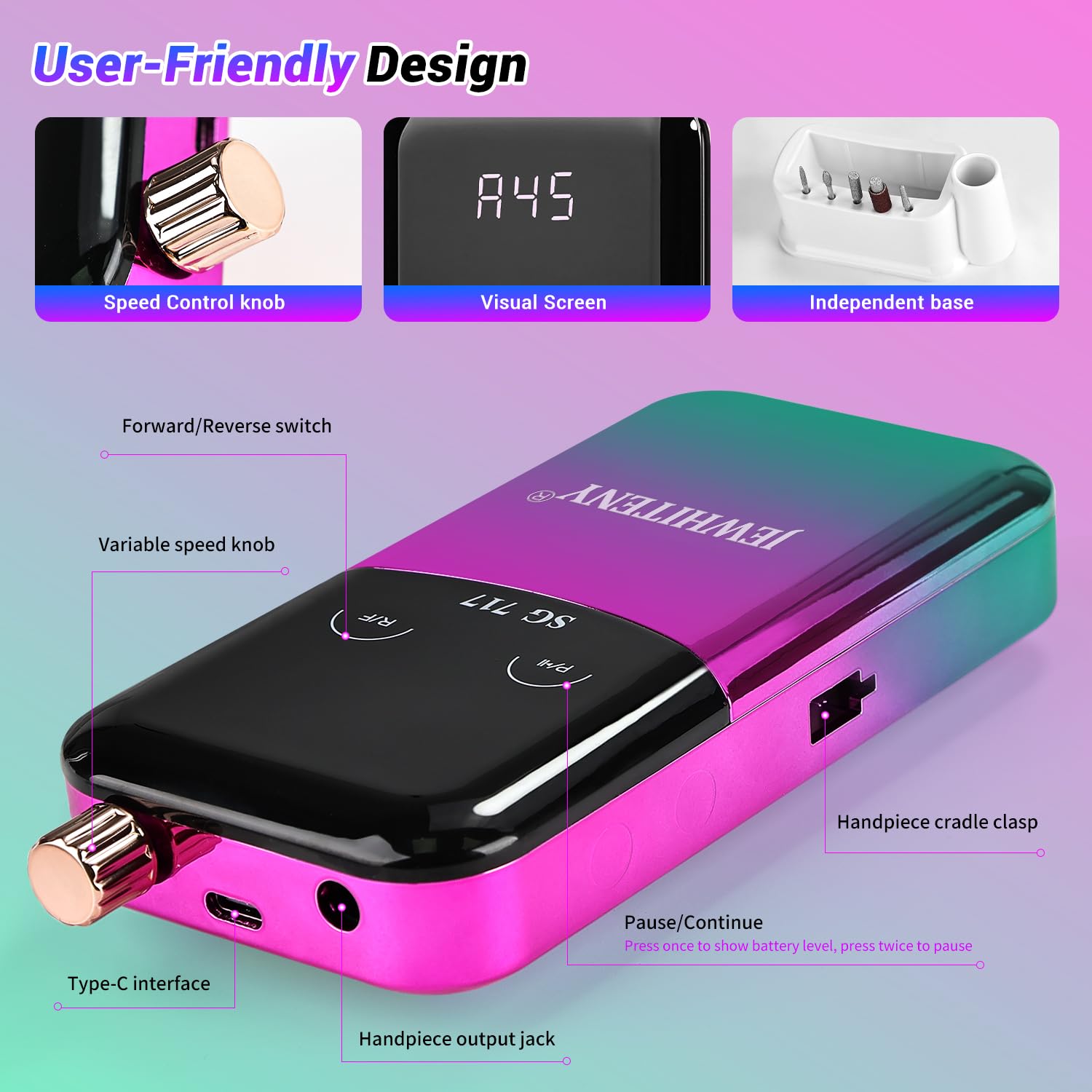 Purple JEWHITENY SG717 portable rechargeable nail drill with handpiece, bits, and sanding bands - 3