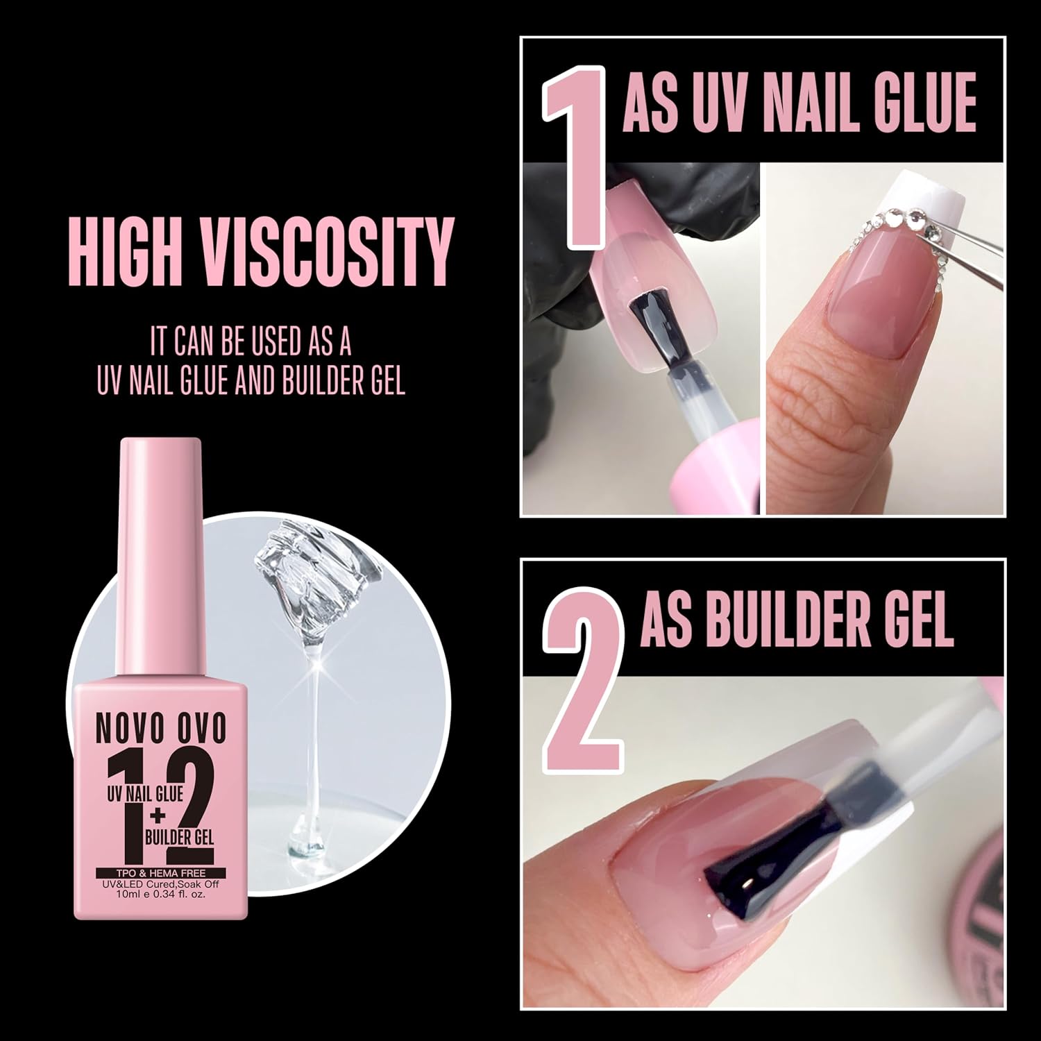 NOVO OVO UV nail glue builder gel pink bottle 2-in-1 - 2